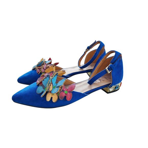 NUYG Blue 3D Butterfly Appliqué Faux Suede Gem Embellished Flats 9 - Picture 1 of 12